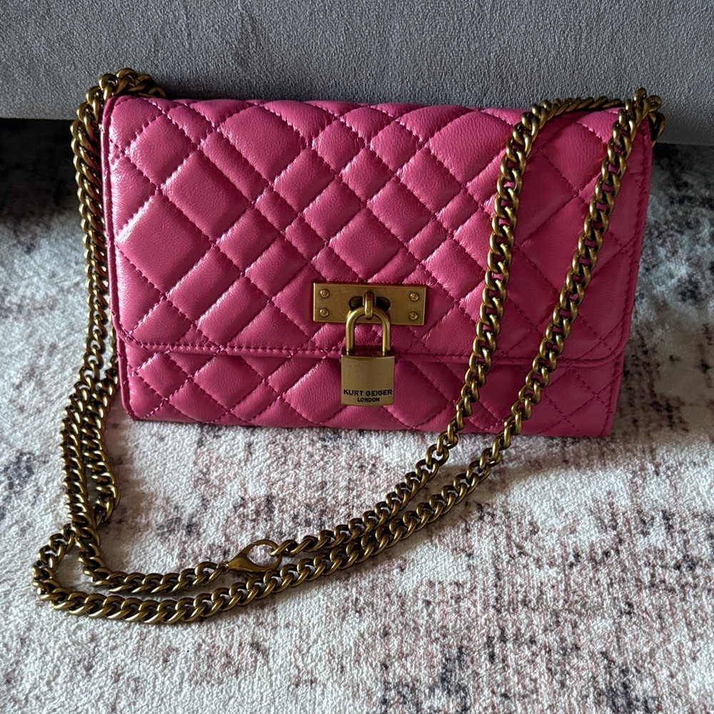 Kurt Geiger Pink Leather Quilted Chain Shoulder Clutch Bag
